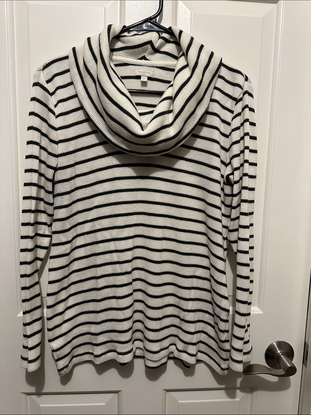 Talbots Cream and Gray Striped Cowl-Neck Sweater